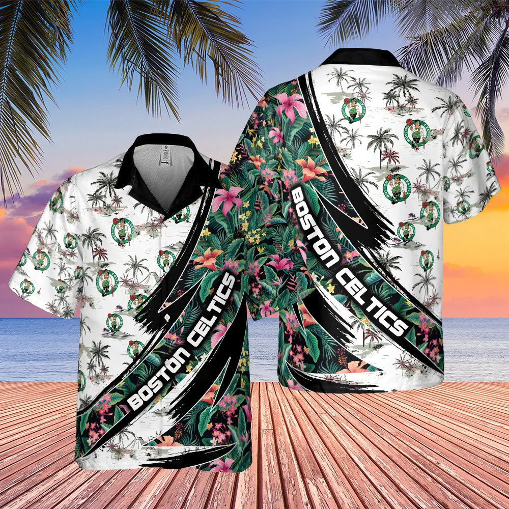 Boston Celtics Hibiscus Flower And Tree Pattern Hawaiian Shirt