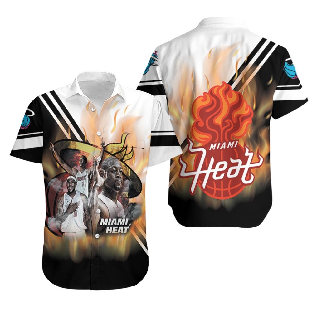 Miami Heat Big Three Chris Bosh Lebron James Dwyane Wade On Fire Hawaiian Shirt