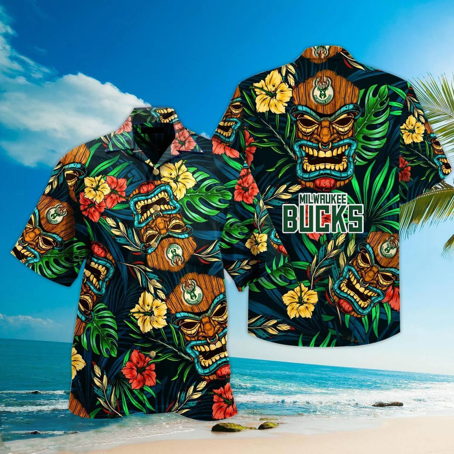 Milwaukee Bucks Tiki Floral Hawaiian Shirt